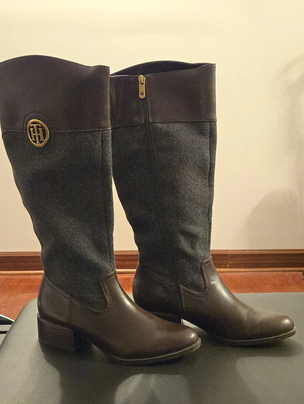 Tommy Hilfiger Brown Leather & Charcoal Wool Tall Riding Boots Size 7.5